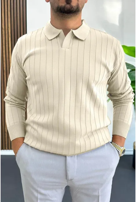 Erkek Açık Yaka Normal Kalıp Kazak Krem Edw412