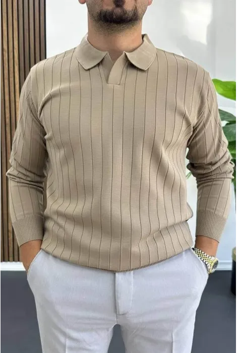 Erkek Açık Yaka Normal Kalıp Kazak Vizon Edw412