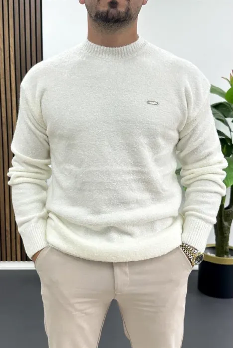 Erkek Bisiklet Yaka Buklet Kumaş Kazak Beyaz Edw419