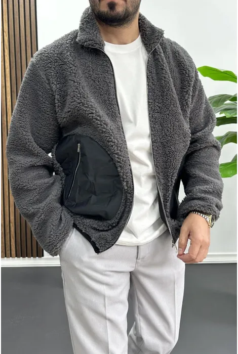 Erkek Cep Detaylı Peluş Hırka Füme Edw432