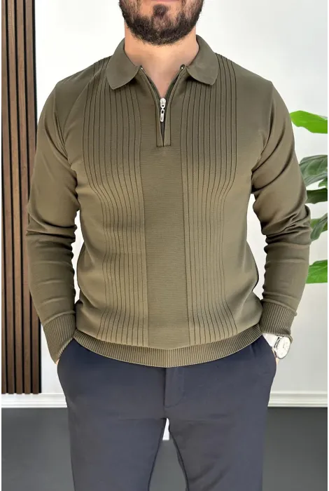 Erkek Çizgi Desenli Normal Kalıp Kazak Haki Edw422