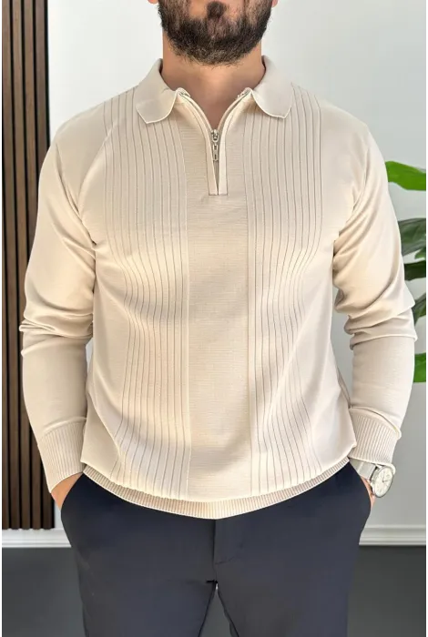 Erkek Çizgi Desenli Normal Kalıp Kazak Krem Edw422