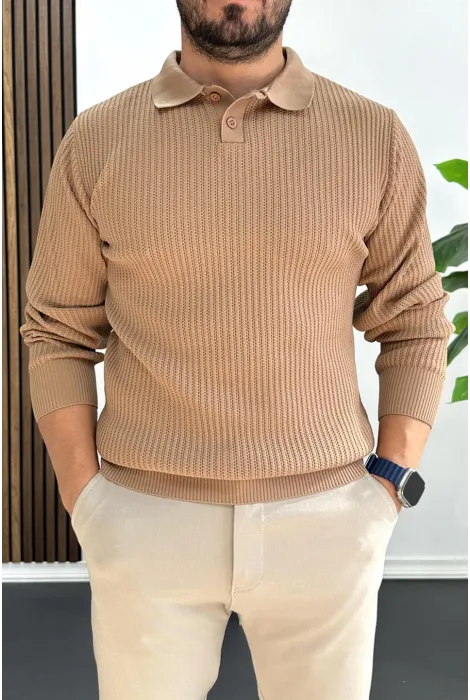 Erkek Desenli Esnek Kumaş Düğmeli Kazak Açık Kahverengi Edw429