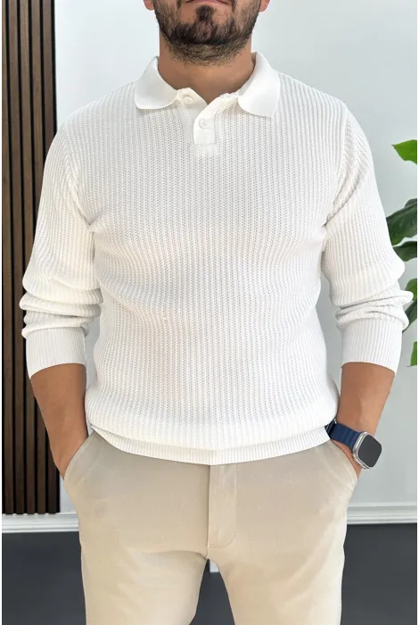 Erkek Desenli Esnek Kumaş Düğmeli Kazak Beyaz Edw429