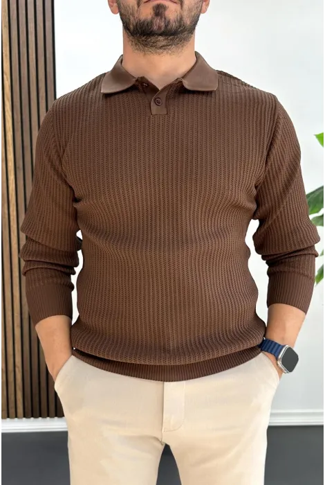 Erkek Desenli Esnek Kumaş Düğmeli Kazak Kahverengi Edw429