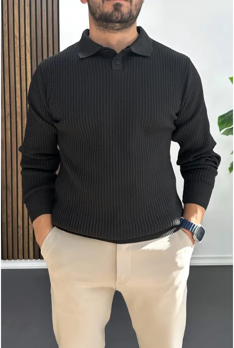 Erkek Desenli Esnek Kumaş Düğmeli Kazak Siyah Edw429