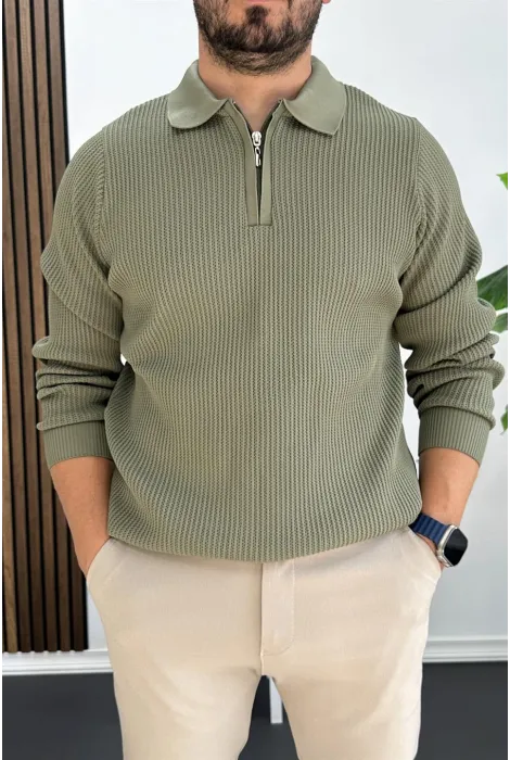 Erkek Desenli Esnek Kumaş Fermuarlı Kazak Açık Yeşil Edw428