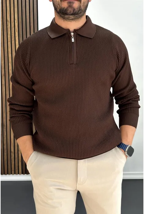 Erkek Desenli Esnek Kumaş Fermuarlı Kazak Kahverengi Edw428