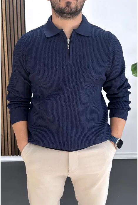 Erkek Desenli Esnek Kumaş Fermuarlı Kazak Lacivert Edw428