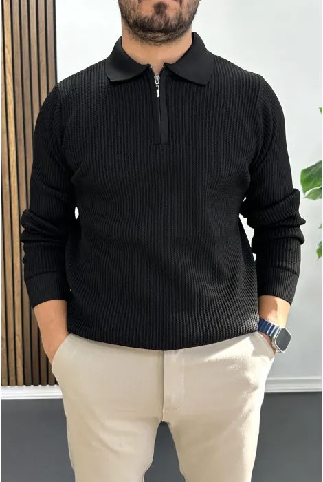 Erkek Desenli Esnek Kumaş Fermuarlı Kazak Siyah Edw428