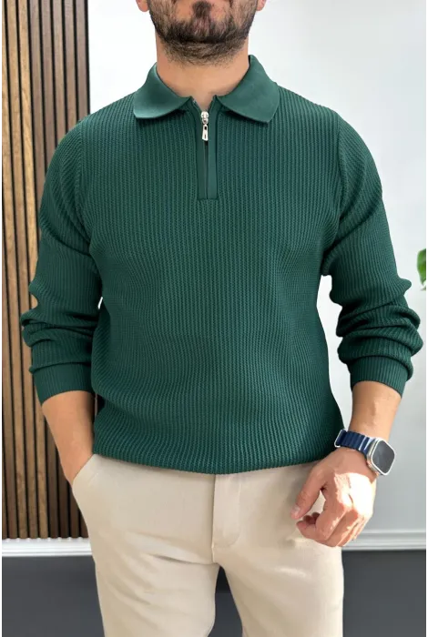 Erkek Desenli Esnek Kumaş Fermuarlı Kazak Yeşil Edw428