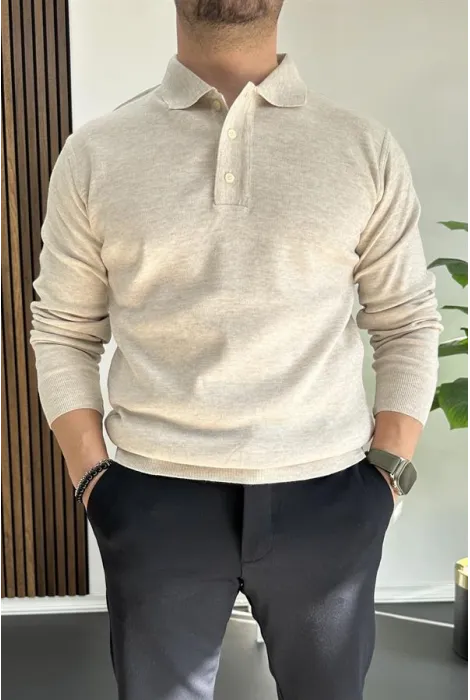 Erkek Düğmeli Polo Yaka Kazak Bej Edw231