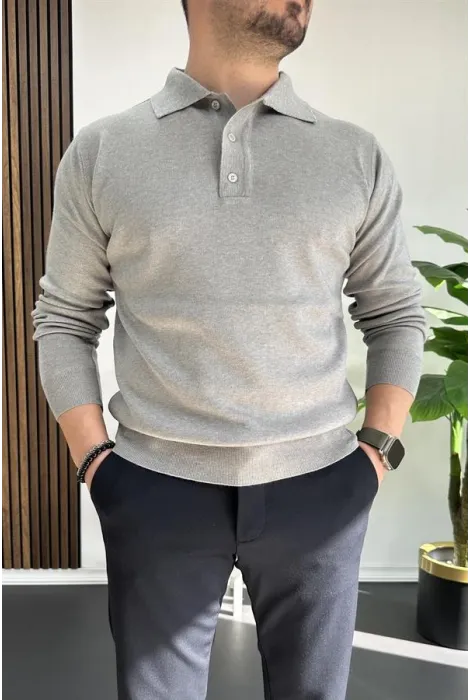 Erkek Düğmeli Polo Yaka Kazak Gri Edw231