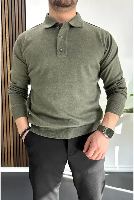 Erkek Düğmeli Polo Yaka Kazak Haki Edw231