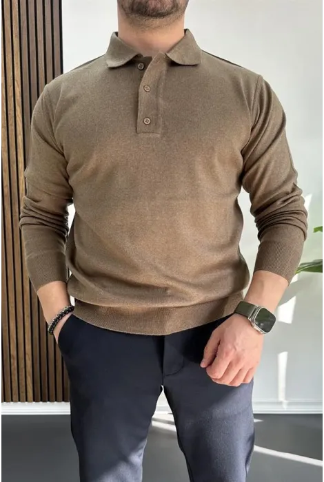 Erkek Düğmeli Polo Yaka Kazak Kahverengi Edw231