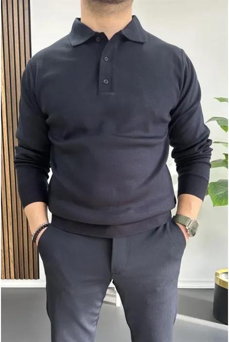Erkek Düğmeli Polo Yaka Kazak Lacivert Edw231