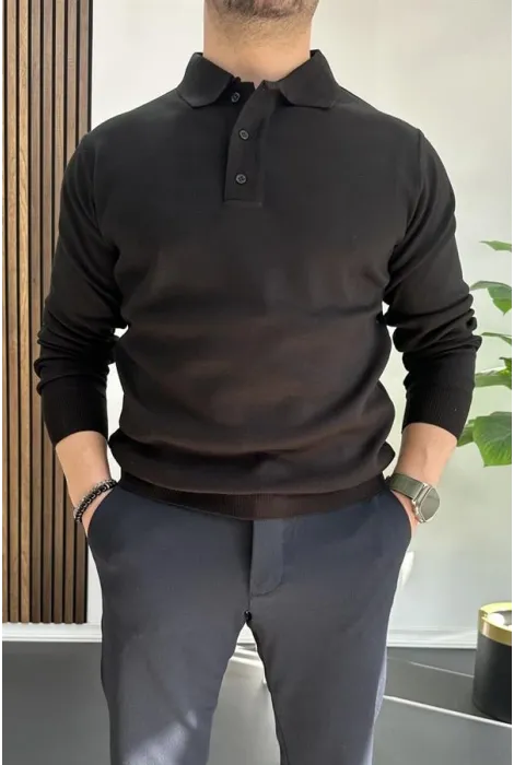 Erkek Düğmeli Polo Yaka Kazak Siyah Edw231