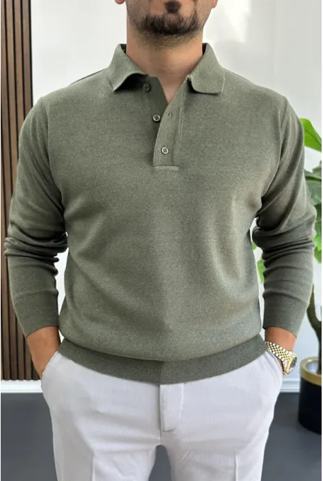 Erkek Düğmeli Polo Yaka Kazak Yeşil Edw231