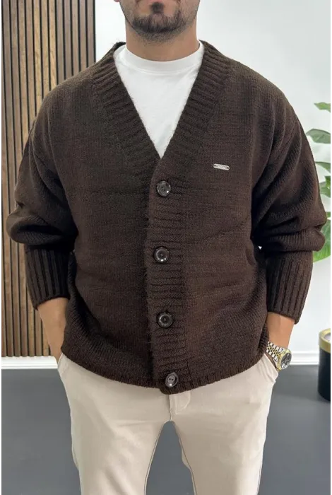 Erkek Düğmeli Rahat Kesim Hırka Kahverengi Edw416