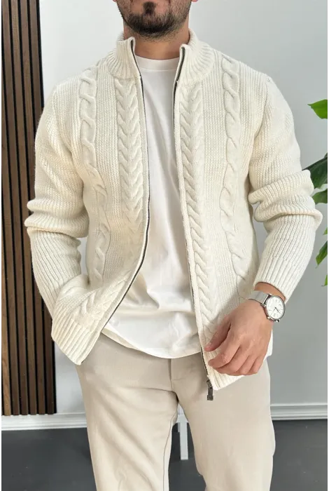 Erkek Slim Fit Örgü Desenli Hırka Ekru Edw430