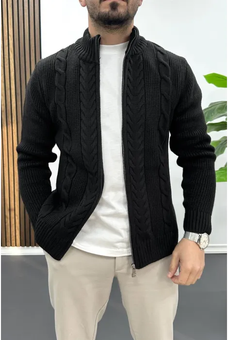 Erkek Slim Fit Örgü Desenli Hırka Siyah Edw430