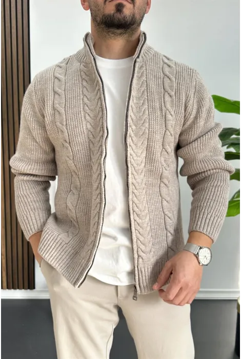 Erkek Slim Fit Örgü Desenli Hırka Vizon Edw430