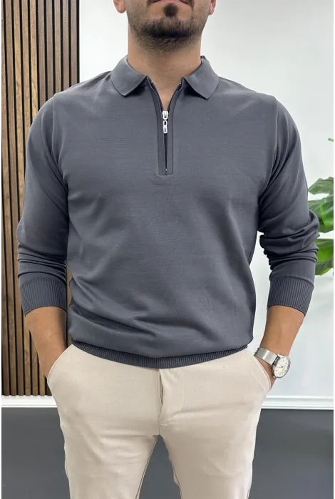 Erkek Yarım Fermuarlı Düz Desen Polo Yaka Kazak Antrasit Edw424