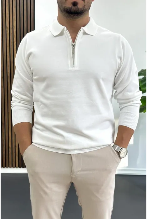Erkek Yarım Fermuarlı Düz Desen Polo Yaka Kazak Beyaz Edw424