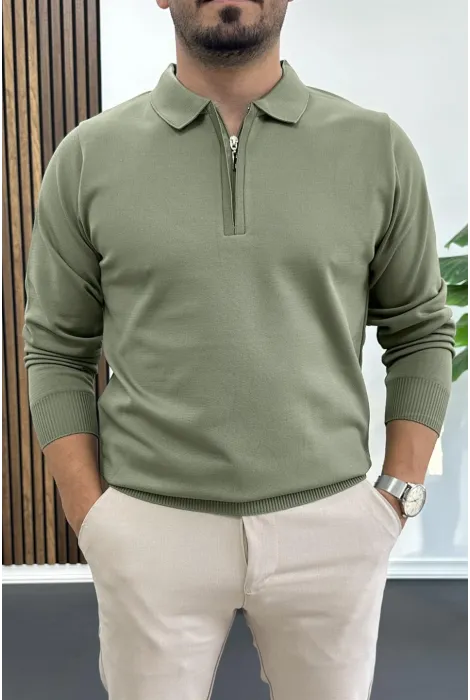 Erkek Yarım Fermuarlı Düz Desen Polo Yaka Kazak Haki Edw424