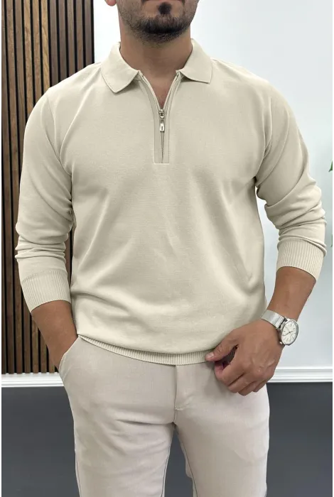 Erkek Yarım Fermuarlı Düz Desen Polo Yaka Kazak Krem Edw424
