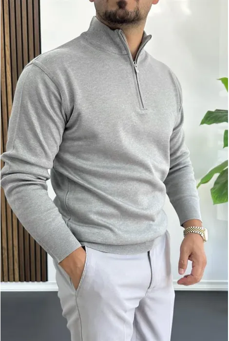 Erkek Yarım Fermuarlı Normal Kalıp Kazak Gri Edw411