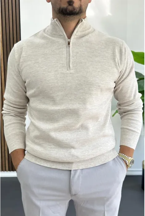 Erkek Yarım Fermuarlı Normal Kalıp Kazak Krem Edw411