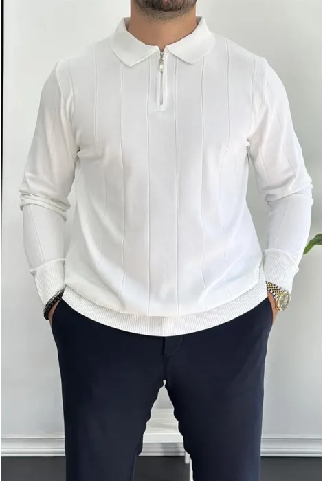 Erkek Yarım Fermuarlı Polo Yaka Mevsimlik Kazak Beyaz Edw195