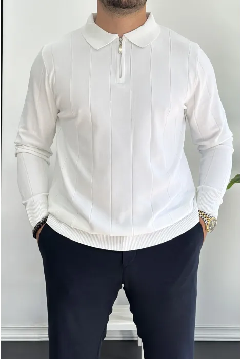 Erkek Yarım Fermuarlı Polo Yaka Mevsimlik Kazak Beyaz Edw195