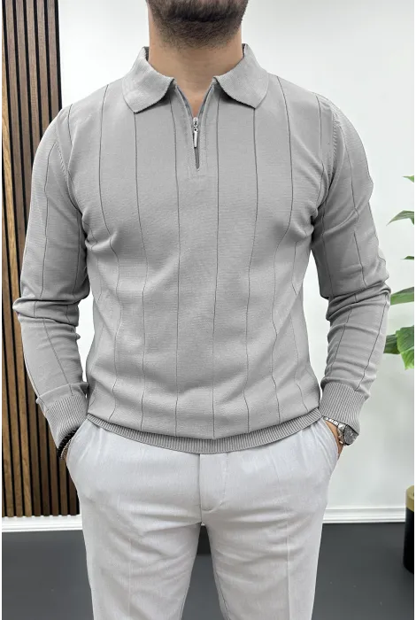 Erkek Yarım Fermuarlı Polo Yaka Mevsimlik Kazak Gri Edw195