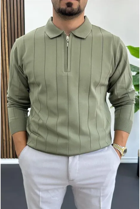 Erkek Yarım Fermuarlı Polo Yaka Mevsimlik Kazak Haki Edw195