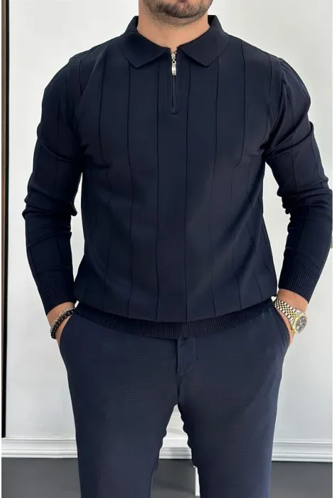 Erkek Yarım Fermuarlı Polo Yaka Mevsimlik Kazak Lacivert Edw195