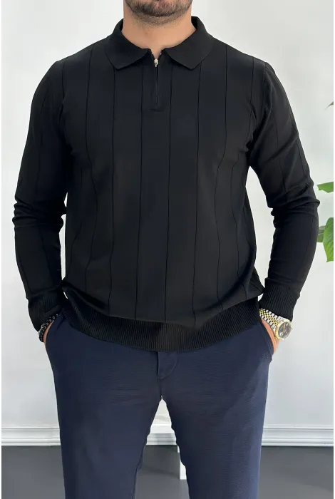 Erkek Yarım Fermuarlı Polo Yaka Mevsimlik Kazak Siyah Edw195