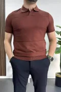 Erkek Açık Yaka Bloklu Tişört Kiremit Edw237