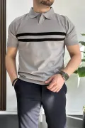 Erkek Açık Yaka Çizgli Tişört Gri Edw236