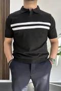 Erkek Açık Yaka Çizgli Tişört Siyah Edw236