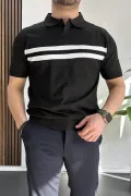Erkek Açık Yaka Çizgli Tişört Siyah Edw236