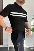 Erkek Açık Yaka Çizgli Tişört Siyah Edw236