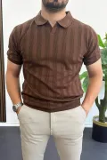 Erkek Açık Yaka Desenli Tişört Kahverengi Edw385