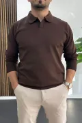 Erkek Açık Yaka Düz Desen Normal Kalıp Kazak Kahverengi Edw423