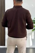 Erkek Açık Yaka Düz Desen Normal Kalıp Kazak Kahverengi Edw423