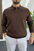 Erkek Açık Yaka Normal Kalıp Kazak Kahverengi Edw412