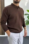 Erkek Açık Yaka Normal Kalıp Kazak Kahverengi Edw412