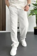 Erkek Beli Düğmeli Baggy Kalıp Pileli Pantolon Beyaz Edw357