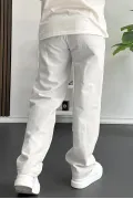 Erkek Beli Düğmeli Baggy Kalıp Pileli Pantolon Beyaz Edw357